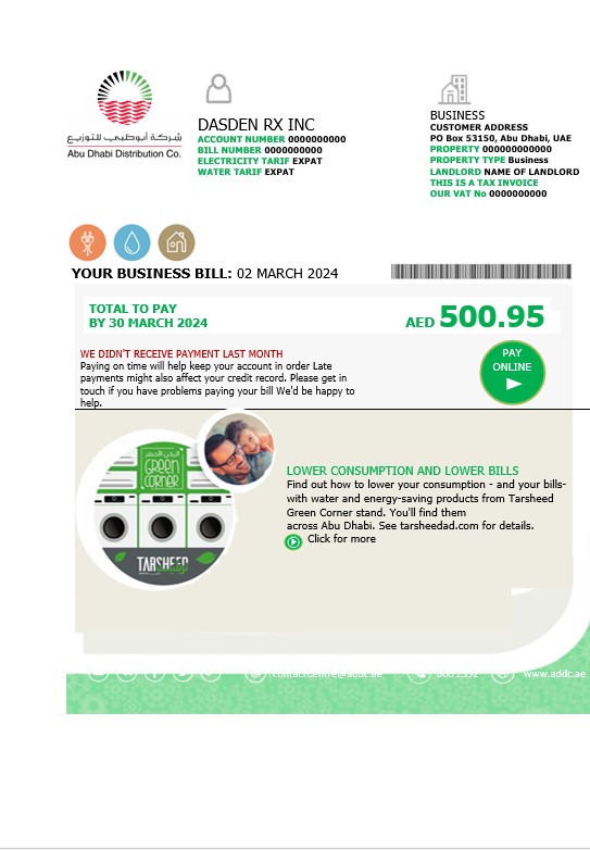 UAE Abu Dhabi Distribution Co. business utility bill template in Word and PDF formats
